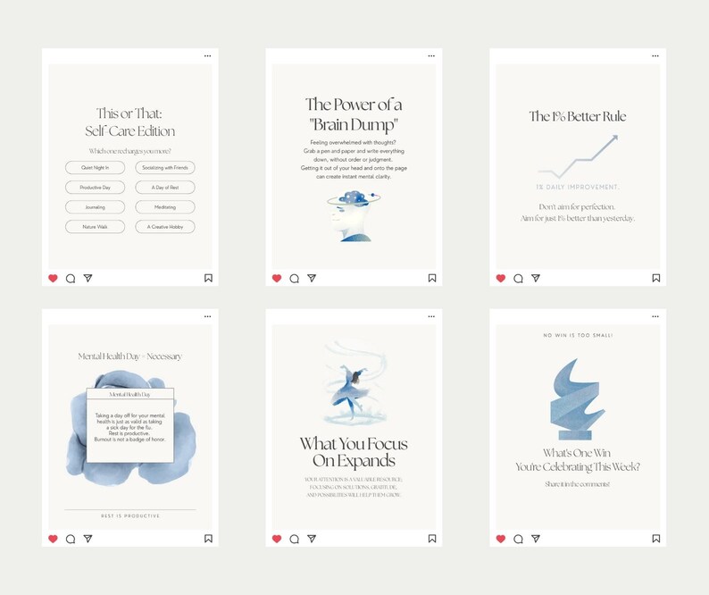 May include: A collection of six social media posts with a light beige background. Each post features text and watercolor illustrations in shades of blue. Topics include self-care, mental health, and personal growth.