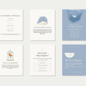 May include: A collection of six cards with text and illustrations. The cards feature titles like "Your Window of Tolerance" and "The Art of Kintsugi." The color palette includes soft blues, whites, and beige, with minimalist designs and handwritten fonts.