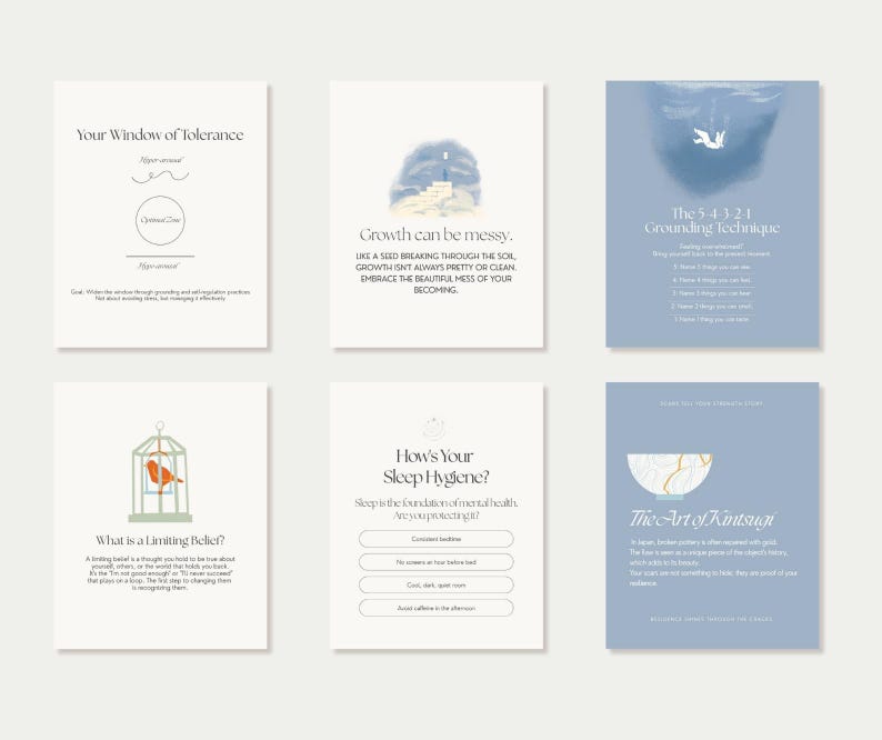 May include: A collection of six cards with text and illustrations. The cards feature titles like "Your Window of Tolerance" and "The Art of Kintsugi." The color palette includes soft blues, whites, and beige, with minimalist designs and handwritten fonts.