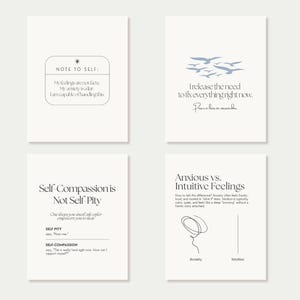May include: Four white cards with text and minimalist illustrations. The top left card reads "NOTE TO SELF" with text below. The top right card has flying birds and text. The bottom cards discuss self-compassion and anxious vs. intuitive feelings.