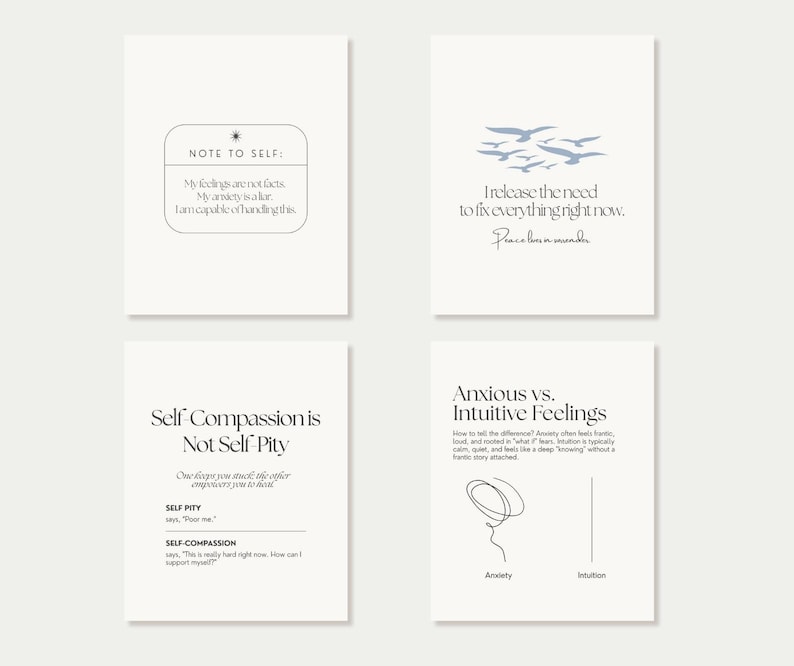 May include: Four white cards with text and minimalist illustrations. The top left card reads "NOTE TO SELF" with text below. The top right card has flying birds and text. The bottom cards discuss self-compassion and anxious vs. intuitive feelings.