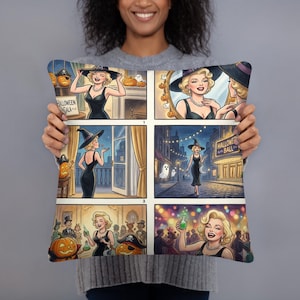 May include: A square throw pillow featuring a six-panel comic strip illustration of a blonde character in a black dress and witch hat. The panels depict scenes at a Halloween Gala, including a mirror reflection, a balcony, and a dance floor.