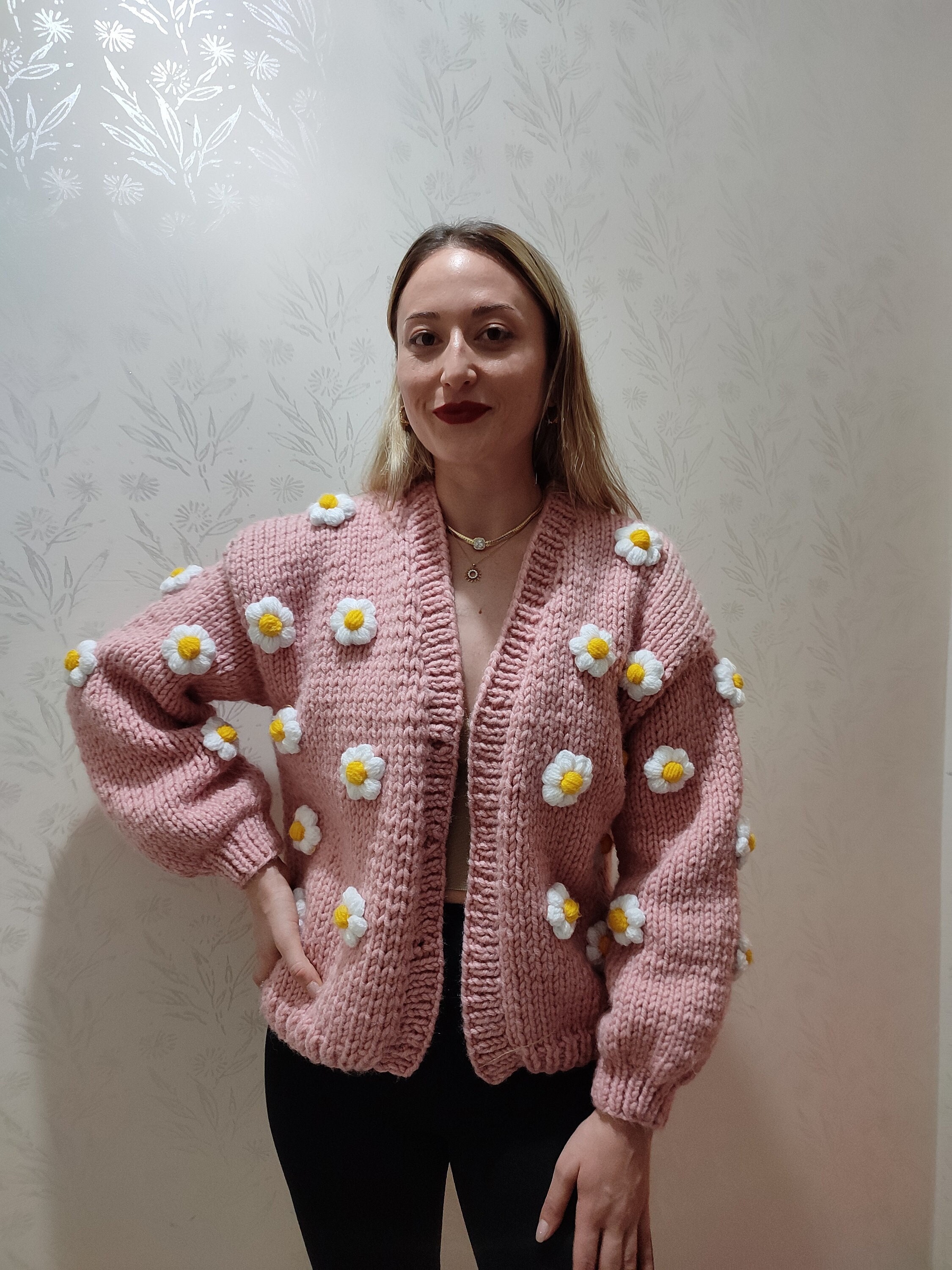Hand Knitted 3D Flowers Cardigan: Pink Wool Blend - Etsy