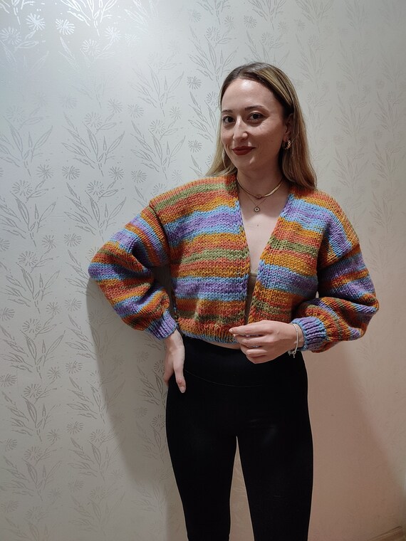 手編みレディースカーディガン：ミックスカラーウール混紡 - Etsy 日本 
