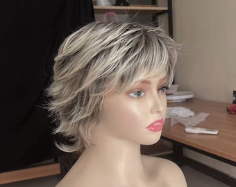 Wigs Ombre Brown Pixie Cut Wigs Short Wavy Curly Wigs With Bangs Synthetic Wigs For Women