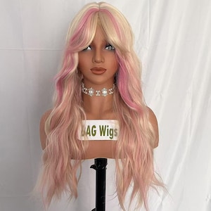 Perücken lange blonde Perücke rosa Highlights Perücken mit Pony gewellte synthetische Perücken für Frauen