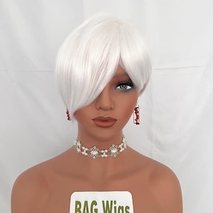 White Short Curly Wig with Bangs: Synthetic Hair