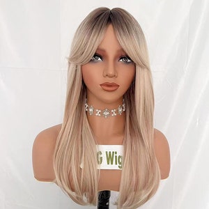 Perücken lange blonde Ombre Perücken mit Pony-Kunstfaser-Perücken Cosplay Perücke für Frauen