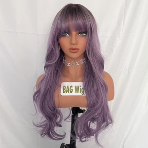 Wavy Purple Gray Wig with Bangs - Synthetic Hair
