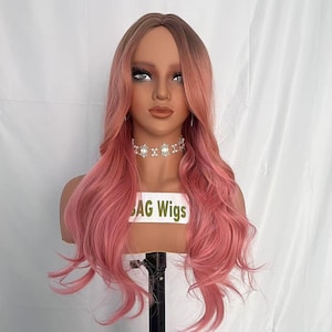 Wigs Long Ombre Pink Wig Middle Parted Wavy Synthetic Wigs For Women