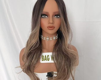 Lång Vågig Ombre Peruk: Brunt Blondt Syntetiskt Hår