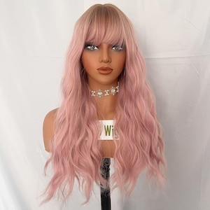Wigs Long Ombre Pink Wigs With Bangs Synthetic Wigs For Women