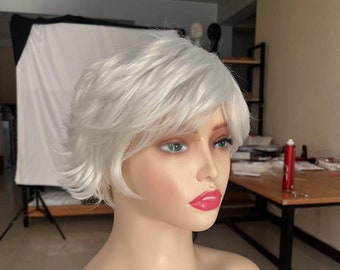 Wigs White Pixie Cut Wigs Short Wigs Wavy Curly Wigs With Bangs Synthetic Wigs For Women