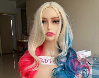 May include: A long, wavy blonde wig with pink and blue streaks. The wig is styled with a side parting and has loose curls.