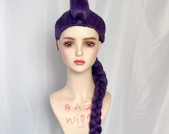 May include: A purple wig with a braided ponytail is displayed on a mannequin head. The wig has a bun-like structure on top and a long, thick braid. The mannequin has a neutral expression and the text "BAG wigs" is written on the neck.