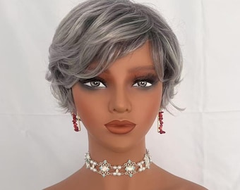 Wigs Silver Gray Pixie Cut Wigs Short Gray Wavy Curly Wigs With Bangs Synthetic Wigs For Women