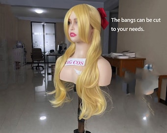 May include: A long, wavy, blonde wig with bangs. The bangs can be cut to your needs. The wig is on a mannequin head.