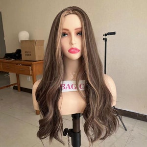 Brown Body Wave Wig: Synthetic Highlight Wig, Middle Part