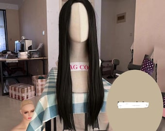 Peluca: Peluca larga negra para disfraz de cosplay