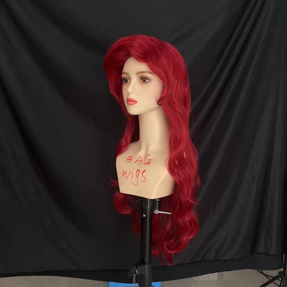 アリエル コスプレウィッグ：前髪付きロングレッドウェーブ合成