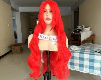 Bright Red Wavy Wig: Long Synthetic Cosplay Wig With Bangs  display picture 2