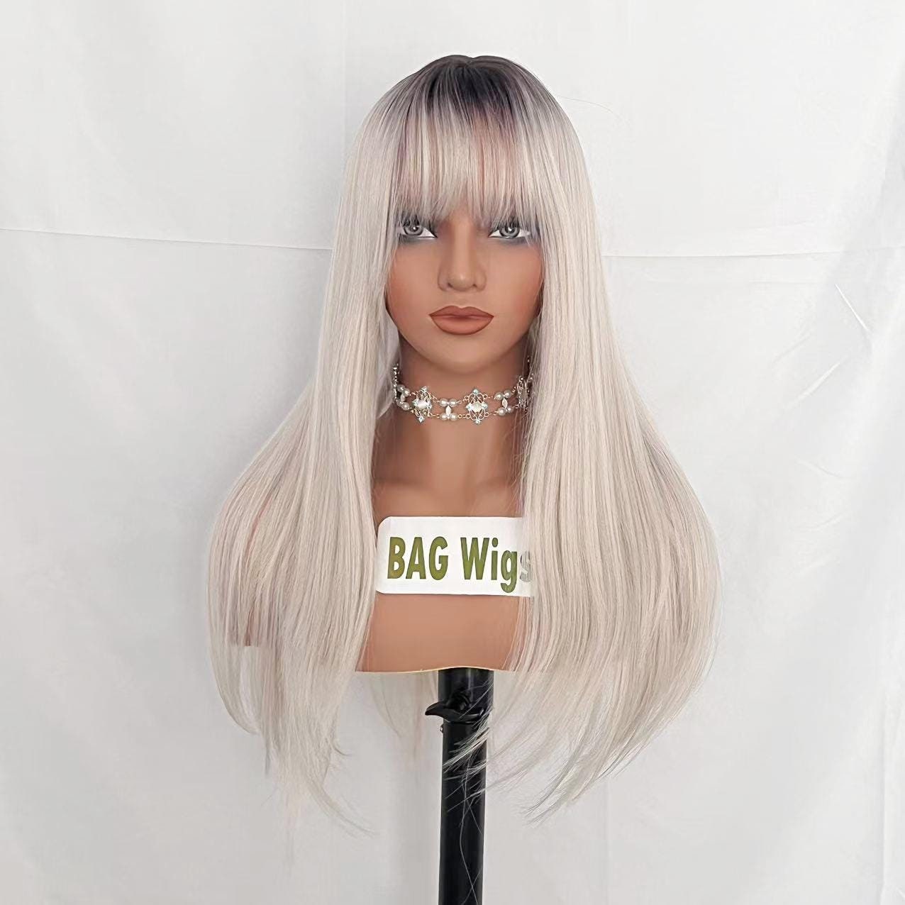 ?️ Ombre Ash Blonde Wig with Bangs 24”Mixed Color Long Body Wavy Ash Ombre Blonde Wig for Women Daily Party  main image 2