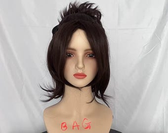 May include: A brown wig with a side parting and a high ponytail. The wig is on a mannequin head with a white background. The text "BAG WIGS" is written on the mannequin's chest.