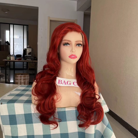 Ariel Cosplay Wig: Long Red Wavy Synthetic Wig With Bangs  display picture 3