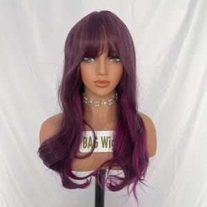 Long Wavy Purple Wig with Bangs: Synthetic Hair Wig
