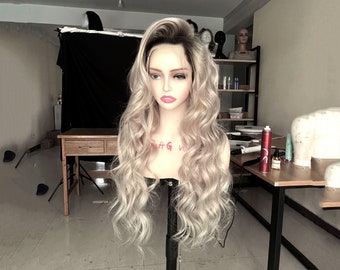 Peluca de cabello humano rubio ceniza ondulado: peluca frontal de encaje largo