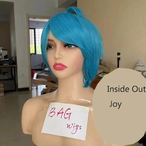 Wig Cosplay wig Inside Out wig Joy wig short blue wig with bangs Halloween Wig Costume Wig for man women Synthetic wig