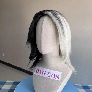 Two-Tone Wavy Wig: Black and White Cosplay Costume Wig