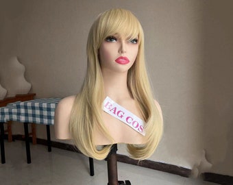 May include: A long, straight blonde wig with bangs. The wig is styled in a simple, sleek way and is perfect for everyday wear. The wig is on a mannequin head and has a white tag that says "BAG COS".