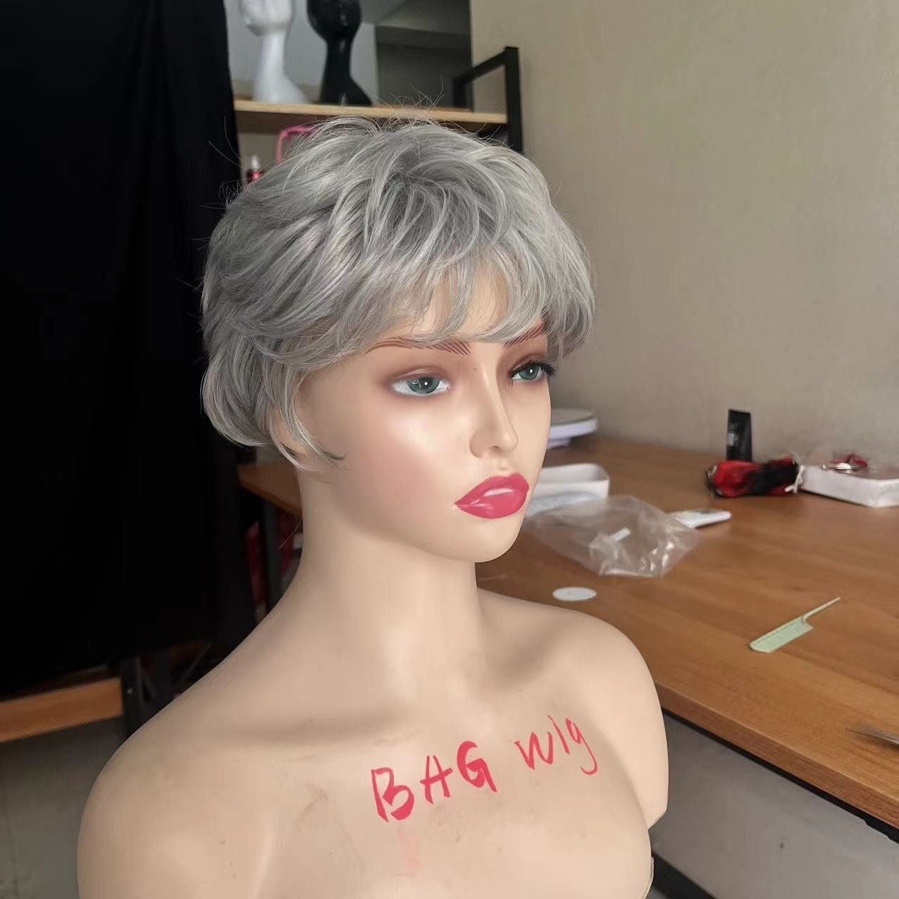 Gray Pixie Cut Wig: Short Wavy Curly Synthetic Wig with Bangs