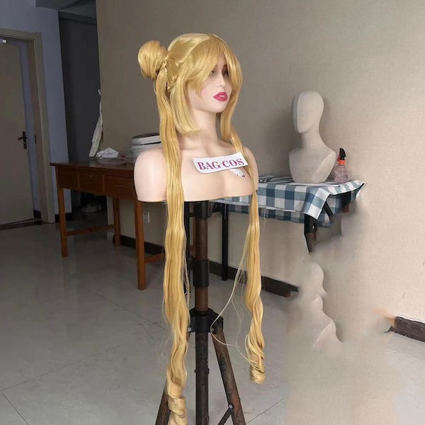 Wig Cosplay wig Sailor Moon wig Blonde long ponytail wig with bangs Halloween Wig Costume Wig for women Synthetic wig