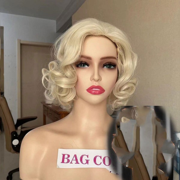 Perücke Cosplay Perücke Marilyn Monroe Perücke kurze blonde Perücke mit Pony lockig gewellt Perücke Halloween-Perücke Kostüm-Perücke für Frauen Kunstfaserperücke