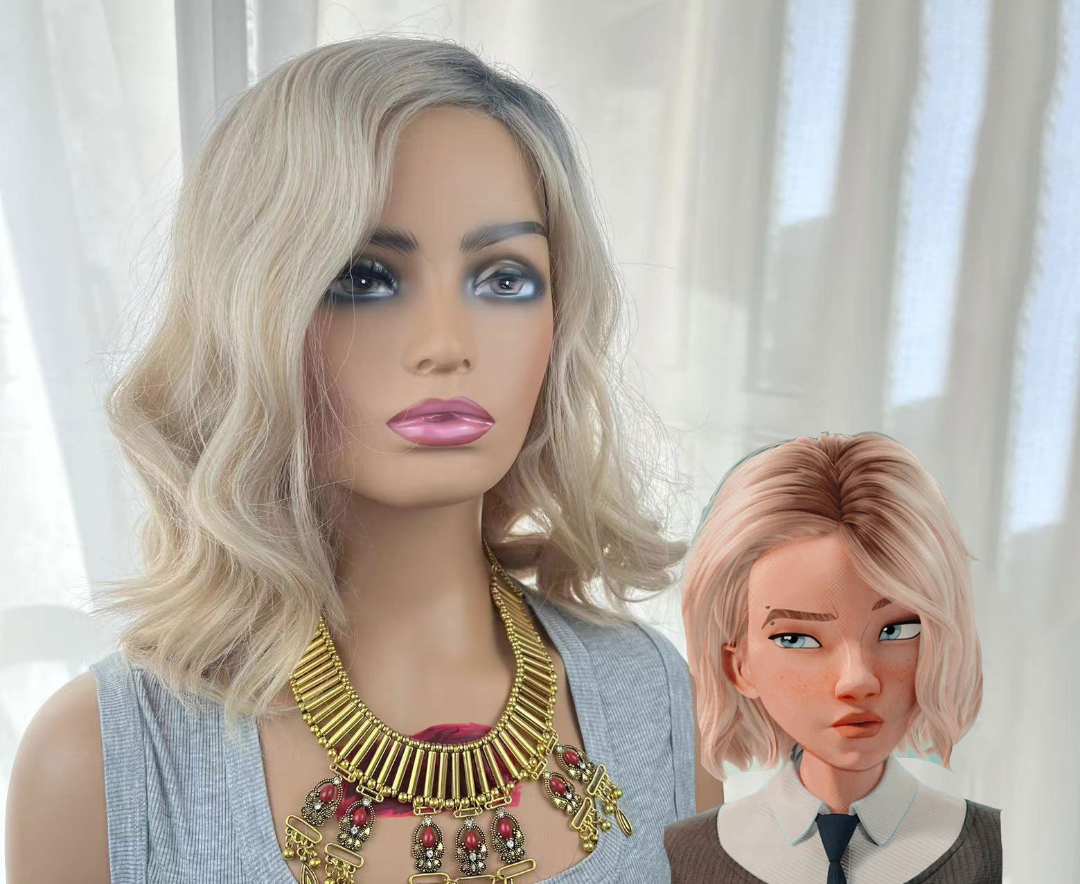 Natanlie Gwen Stacy Cosplay Wigs for Women Short Culy Brown Ombre Blonde  Synthetic Costume Hair Heat Resistant Half Long Half Short Fashion Wig for