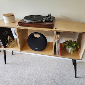 Record Player Stand with Vinyl Record Storage Birch Wood