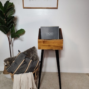 May include: A wooden record stand with a dark stain finish, featuring a black metal leg base. The stand holds a record album with the text "EAGLES THE LONG RUN". A framed art piece with a forest scene hangs on the white wall.