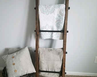 Industrial Blanket Ladder, Steel Pipe and Rustic Wood Ladder