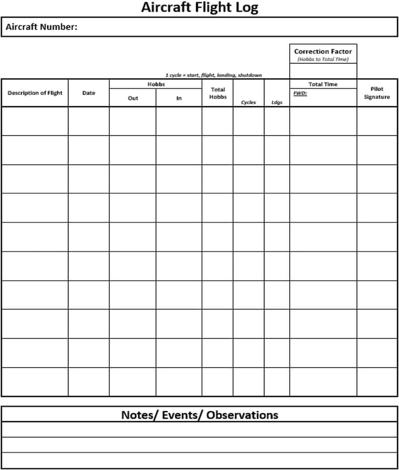 Aircraft Flight Log Book, Pilot Aviation Template (digital File) - Etsy