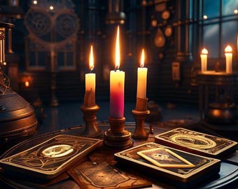 May include: Three lit candles on antique candle holders with a purple, yellow, and white candle.  The candles are on a wooden table with three tarot cards spread out.