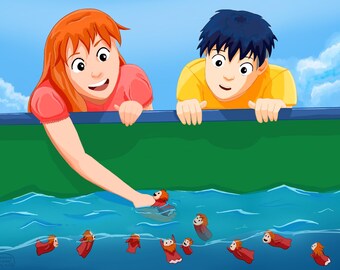 Sisters Visit By the Sea Art Print | Ponyo Studio Ghibli Art Print