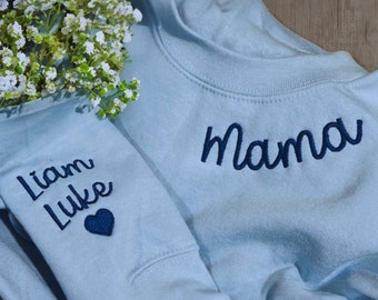 Custom Embroidered Mama Sweatshirt with Kids Names on Sleeve, New Mom Sweatshirt Embroidered, Mothers Day Gift, Minimalist Cool Mom Sweater