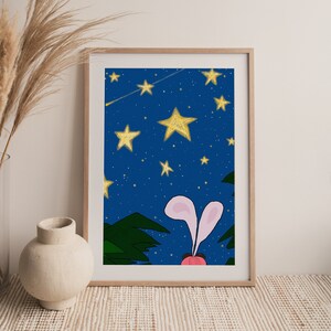 Impresiones dibujadas a mano de estrellas del cielo nocturno, pintura digital de una conejita, pósteres decorativos de pared, lindas obras de arte coloridas, arte azul, amarillo y rosa.