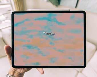 Cozy Cat Airplane Digital Wallpaper, Cute Soaring Plane Doodle Artwork, Colourful Clouds Hand-Drawn Picture, Sunset Golden Hour Painting