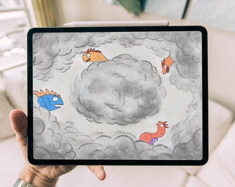 Flying Monsters Digital Wallpaper, Cute Giant Creature Fight Doodle, Colourful Dragon Hand-Drawn Artwork, Grey Clouds Sky Fun Unique Picture