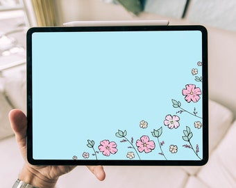 Pink Flower Picture, Pastel Blue Minimal Digital Wallpaper, Plant Leave and Berry Doodle Artwork, Cute lovely Colourful Hand-Drawn Painting