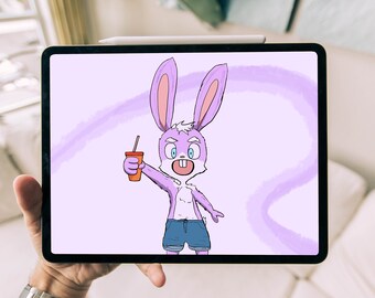 Cute Anime Digital Wallpaper, Bunny Rabbit Boy Artwork, Hand-Drawn Digital Painting, Cool Soda Drink with Rabbit Picture, Purple Cartoon Art