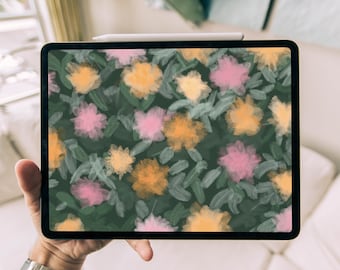 Flower Wall Digital Wallpaper, Cozy Abstract Yellow Pink Green Painting, Unique Colourful Relaxing Hand-Drawn Artwork, Nature Plants Picture